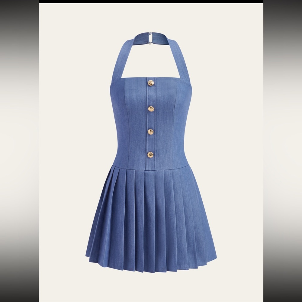 Metal Button Halter Neck Pleated Dress S - Picture 2 of 7